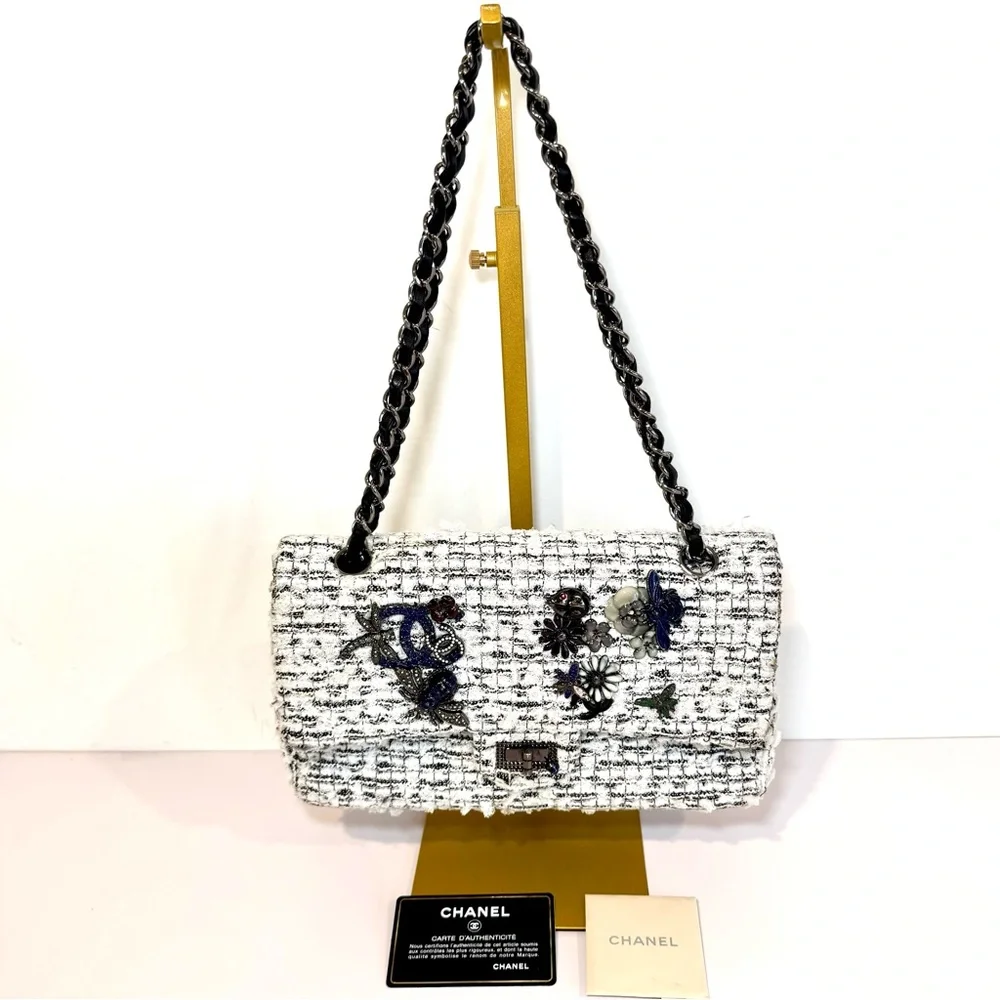 Rare Chanel 2.55 Garden Party CC Logo Charms Flap Bag In White & Black Tweed